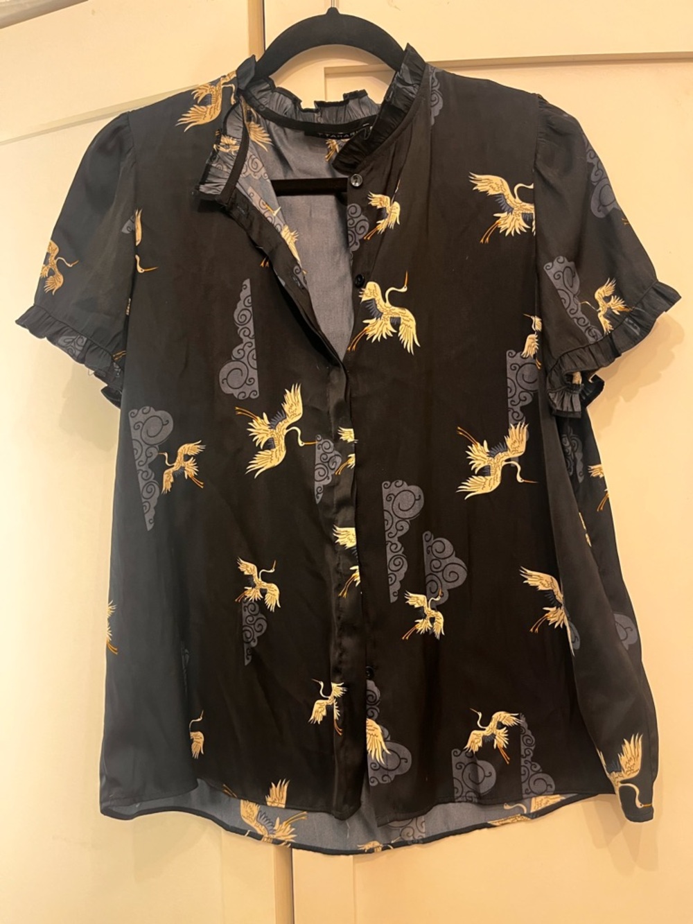 Tahari Black Short-Sleeve Crane Print Shirt